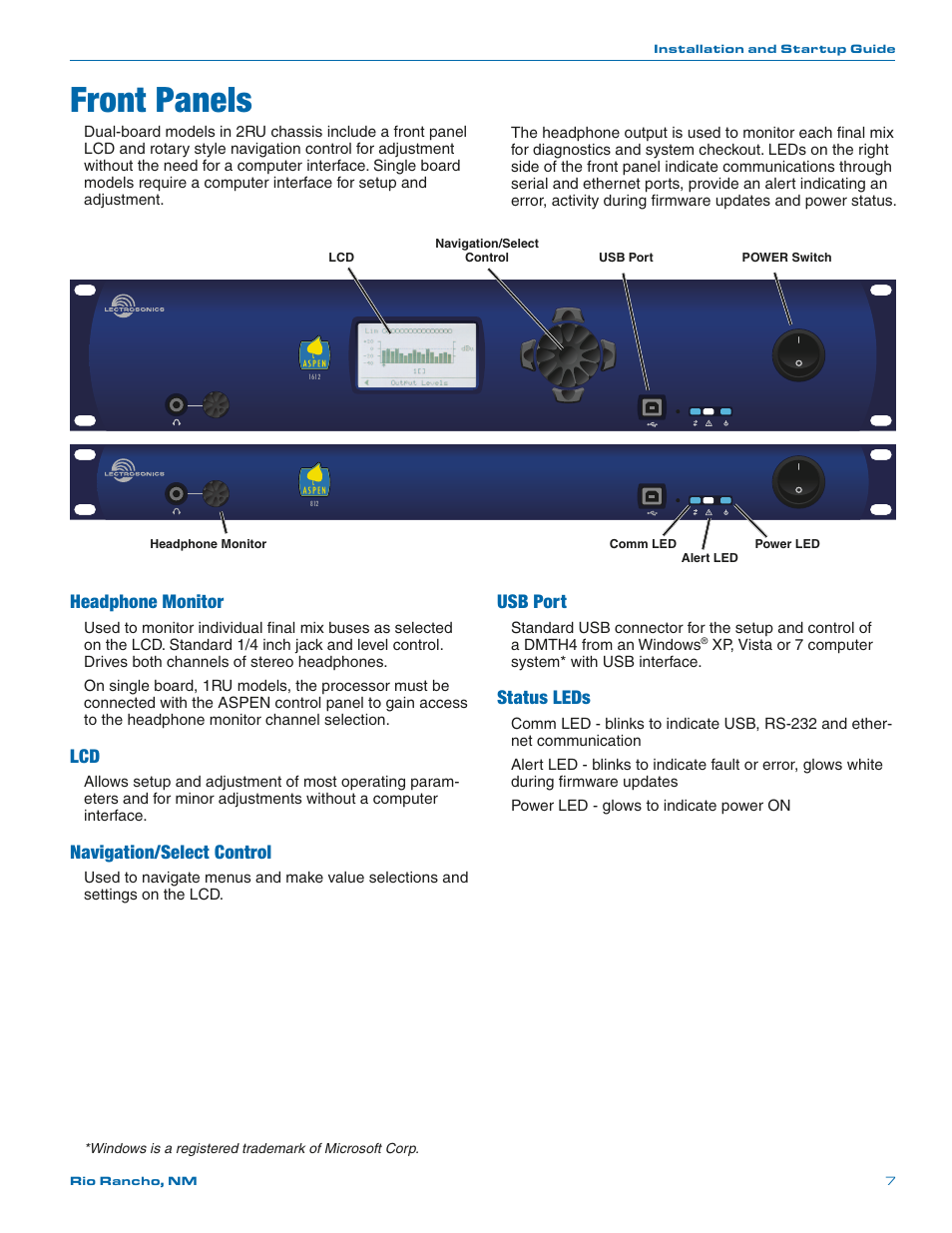 Front panels, Headphone monitor, Navigation/select control | Usb port, Status leds | Lectrosonics SPN812 User Manual | Page 7 / 24