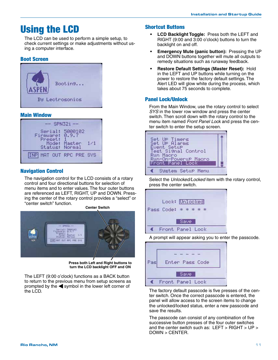 Using the lcd, Boot screen main window navigation control, Shortcut buttons | Panel lock/unlock | Lectrosonics SPN32i User Manual | Page 11 / 20