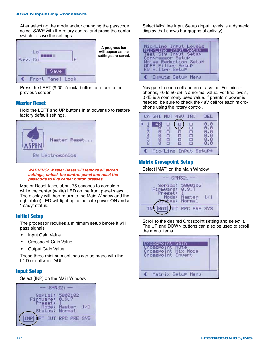 Master reset, Initial setup, Input setup | Matrix crosspoint setup | Lectrosonics SPN32i User Manual | Page 12 / 20