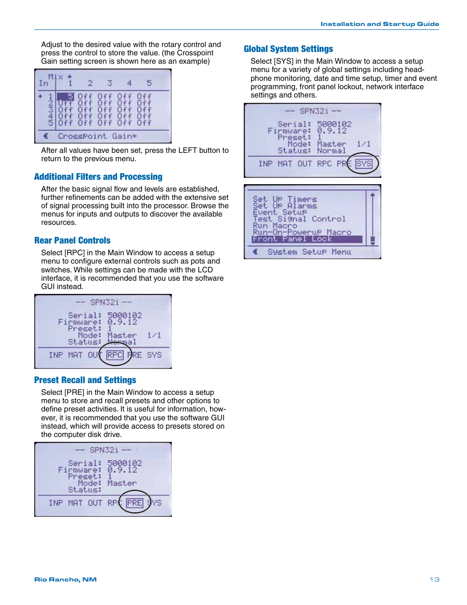 Additional filters and processing, Rear panel controls, Preset recall and settings | Global system settings | Lectrosonics SPN32i User Manual | Page 13 / 20