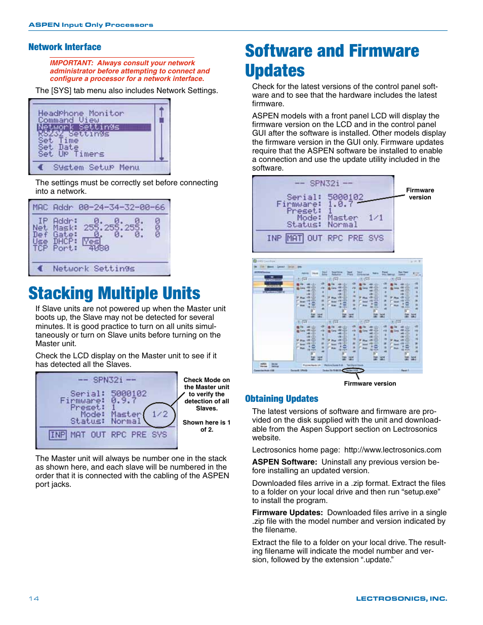 Stacking multiple units, Software and firmware updates, Network interface | Obtaining updates | Lectrosonics SPN32i User Manual | Page 14 / 20