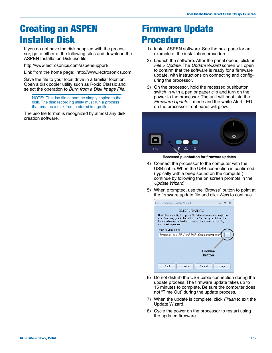 Creating an aspen installer disk, Firmware update procedure | Lectrosonics SPN32i User Manual | Page 15 / 20