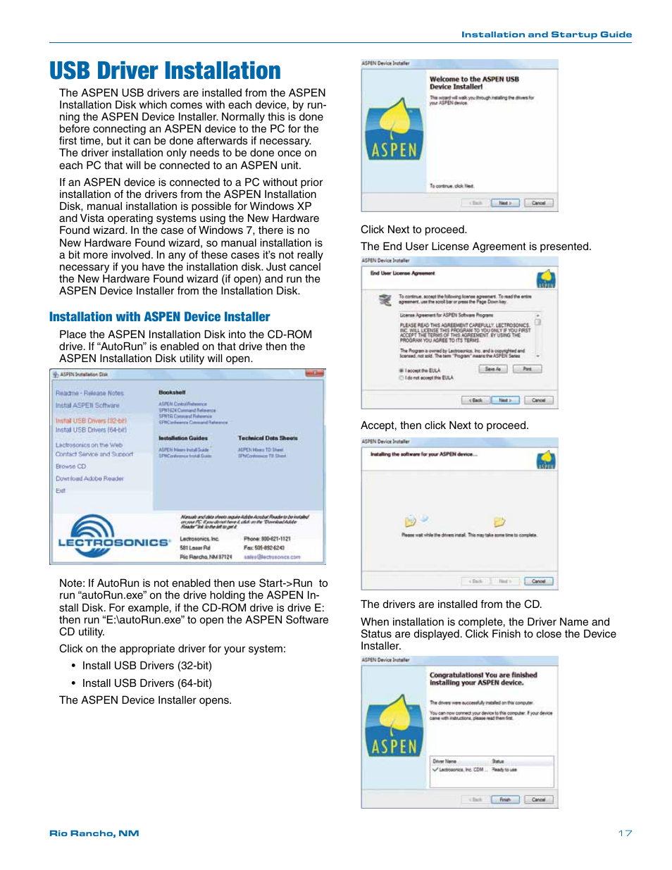 Usb driver installation, Installation with aspen device installer | Lectrosonics SPN32i User Manual | Page 17 / 20