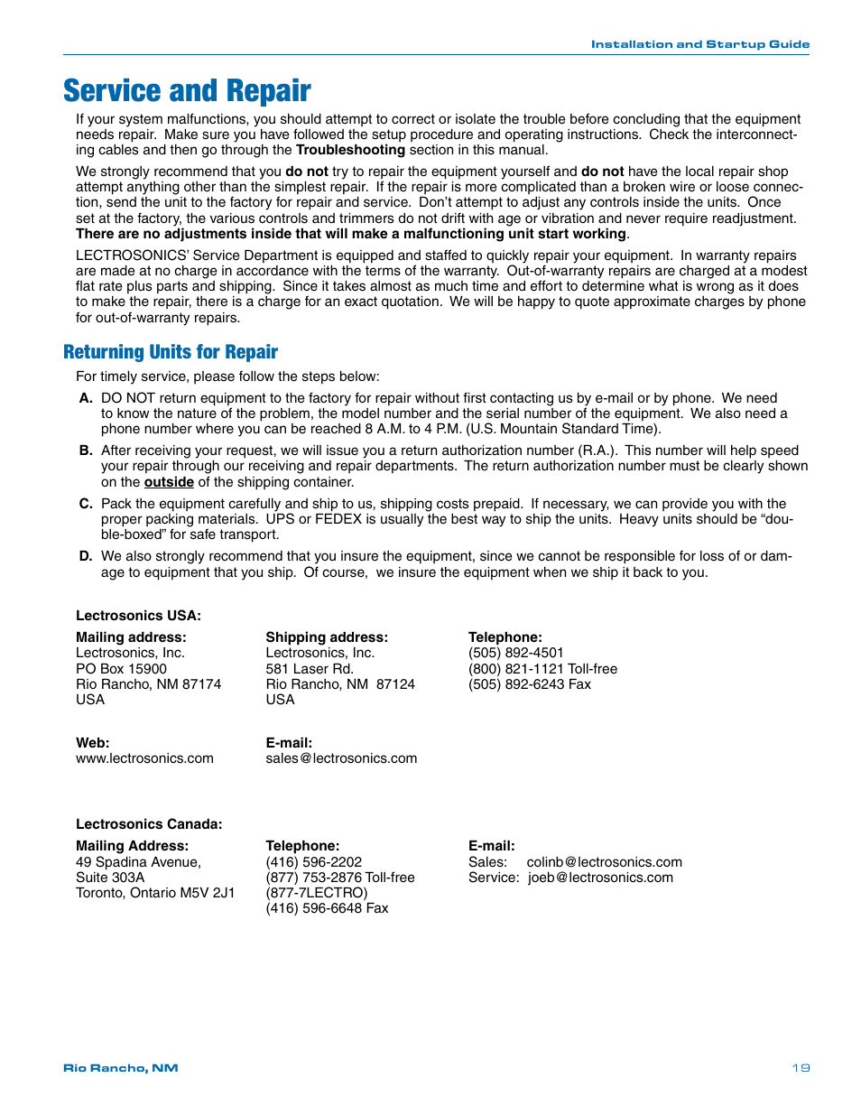 Service and repair, Returning units for repair | Lectrosonics SPN32i User Manual | Page 19 / 20