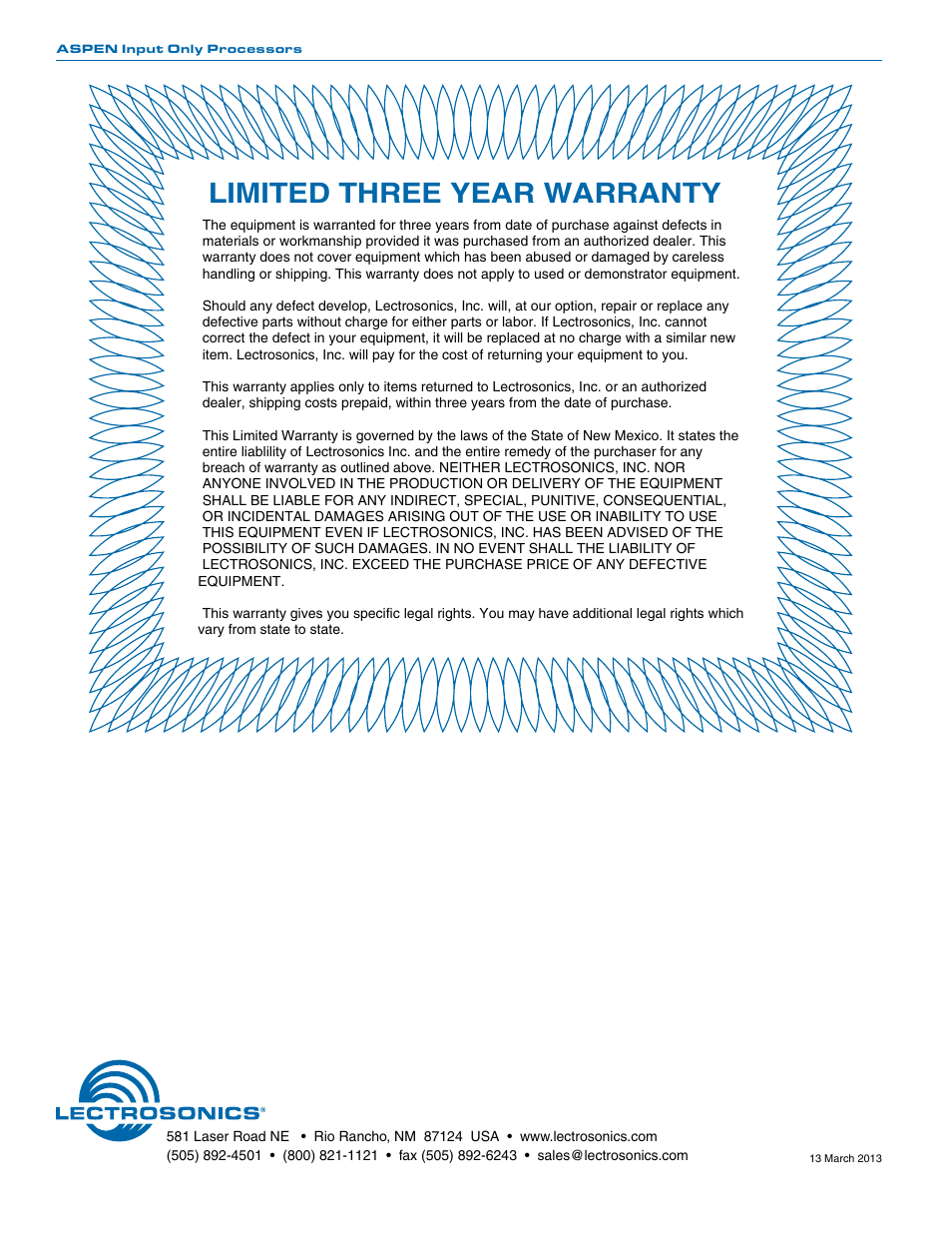 Limited three year warranty | Lectrosonics SPN32i User Manual | Page 20 / 20