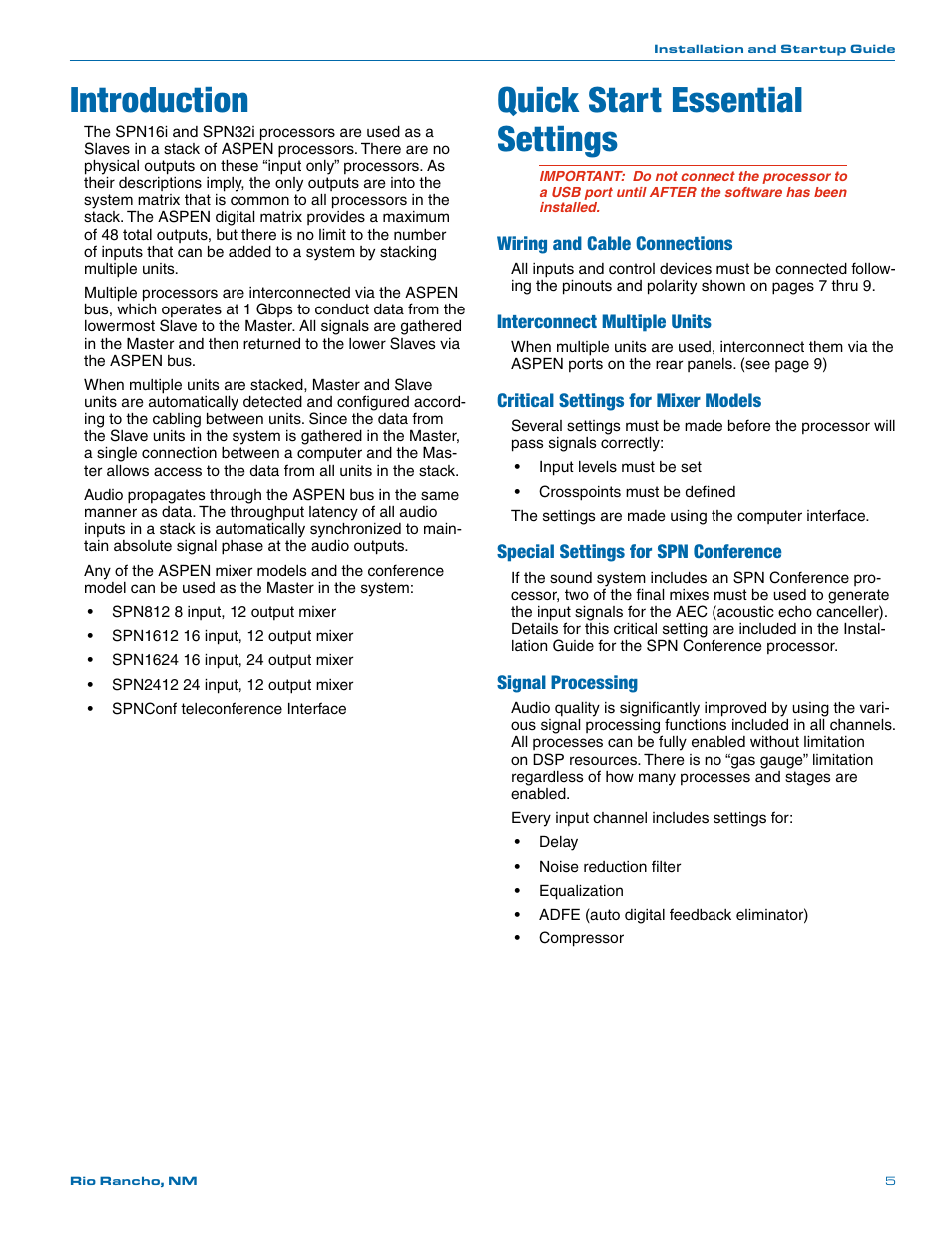 Quick start essential settings, Introduction, Wiring and cable connections | Interconnect multiple units, Critical settings for mixer models, Special settings for spn conference, Signal processing | Lectrosonics SPN32i User Manual | Page 5 / 20
