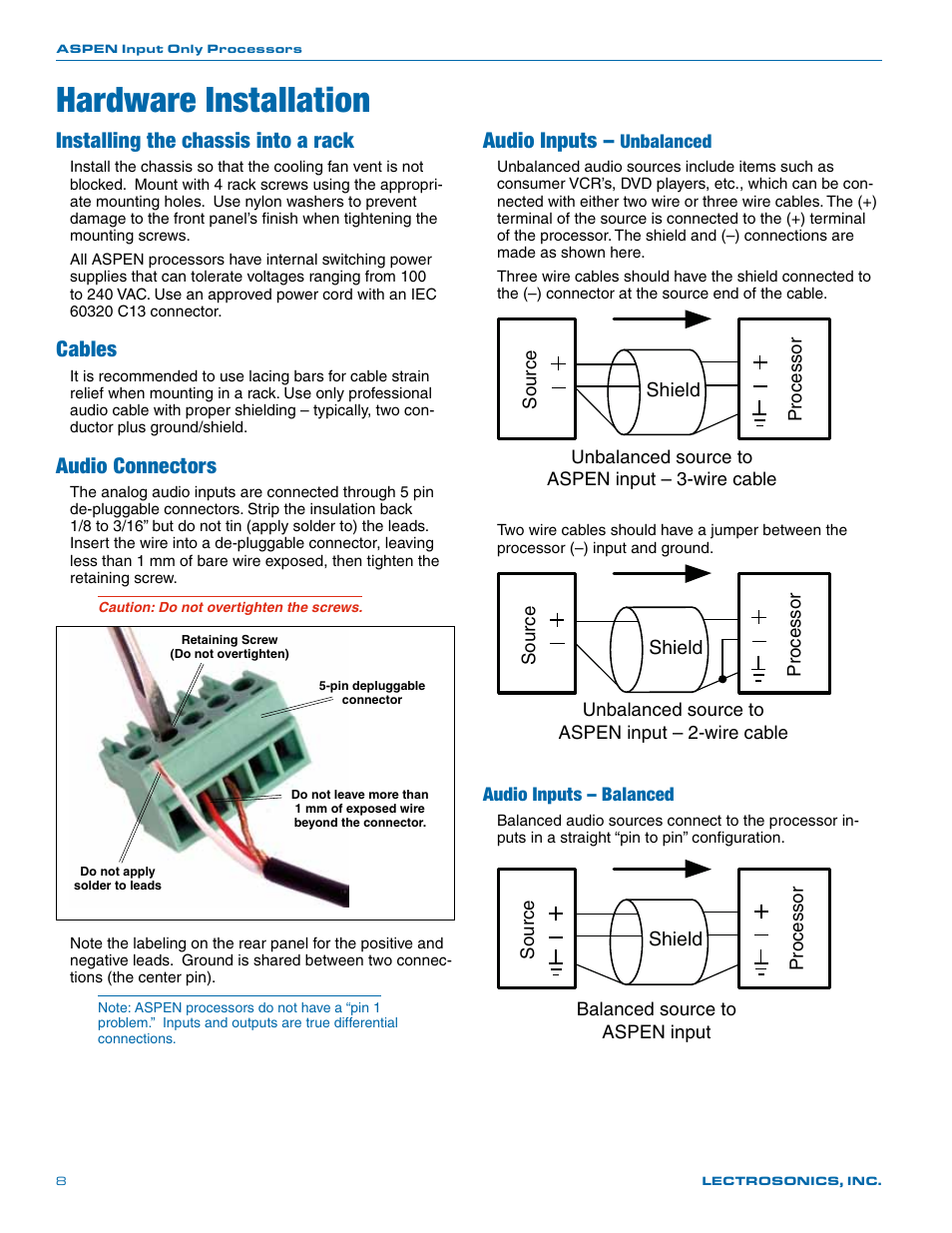 Hardware installation, Audio inputs, Installing the chassis into a rack | Cables, Audio connectors, Unbalanced, Audio inputs – balanced | Lectrosonics SPN32i User Manual | Page 8 / 20