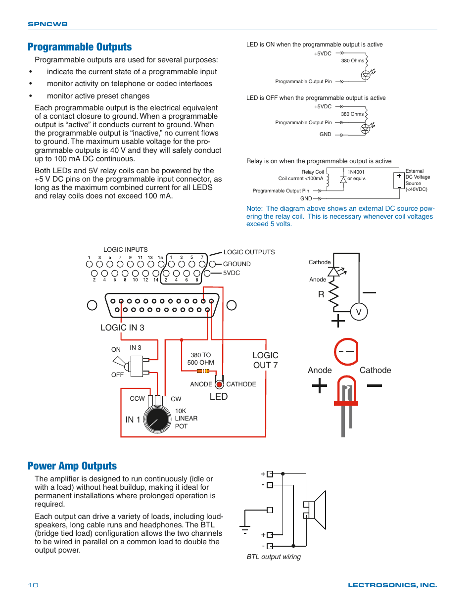 Power amp outputs, Programmable outputs | Lectrosonics SPNCWB User Manual | Page 10 / 24