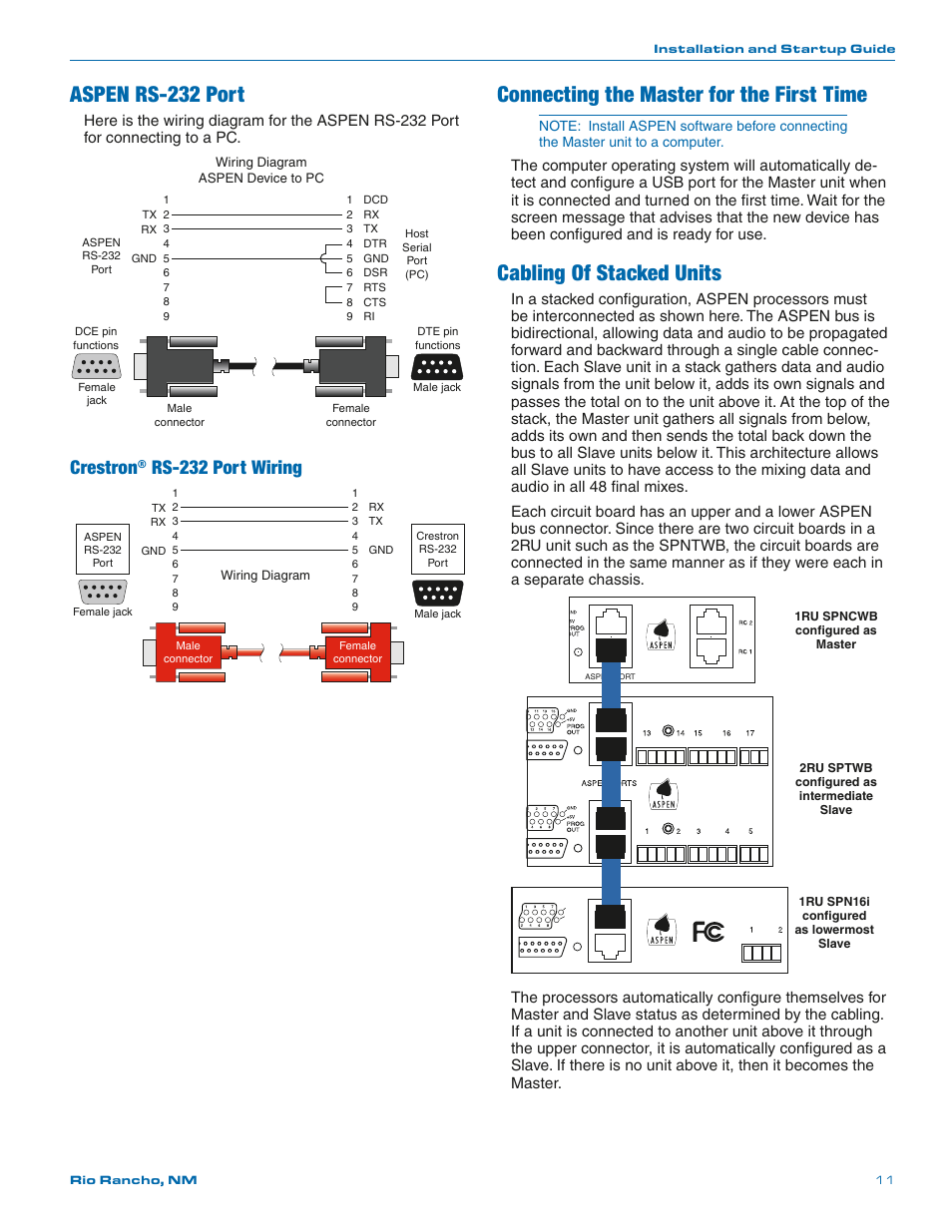 Aspen rs-232 port, Connecting the master for the first time, Cabling of stacked units | Crestron, Rs-232 port wiring | Lectrosonics SPNCWB User Manual | Page 11 / 24