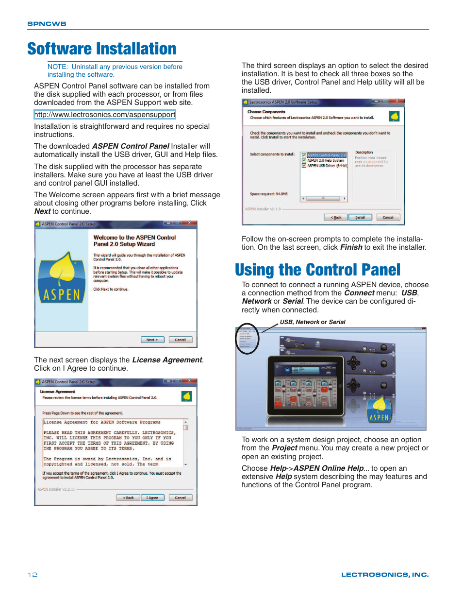 Software installation, Using the control panel | Lectrosonics SPNCWB User Manual | Page 12 / 24