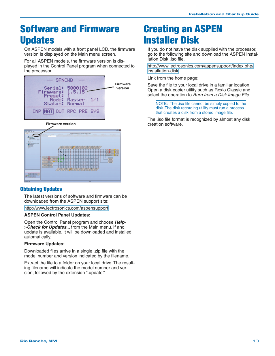Software and firmware updates, Creating an aspen installer disk | Lectrosonics SPNCWB User Manual | Page 13 / 24