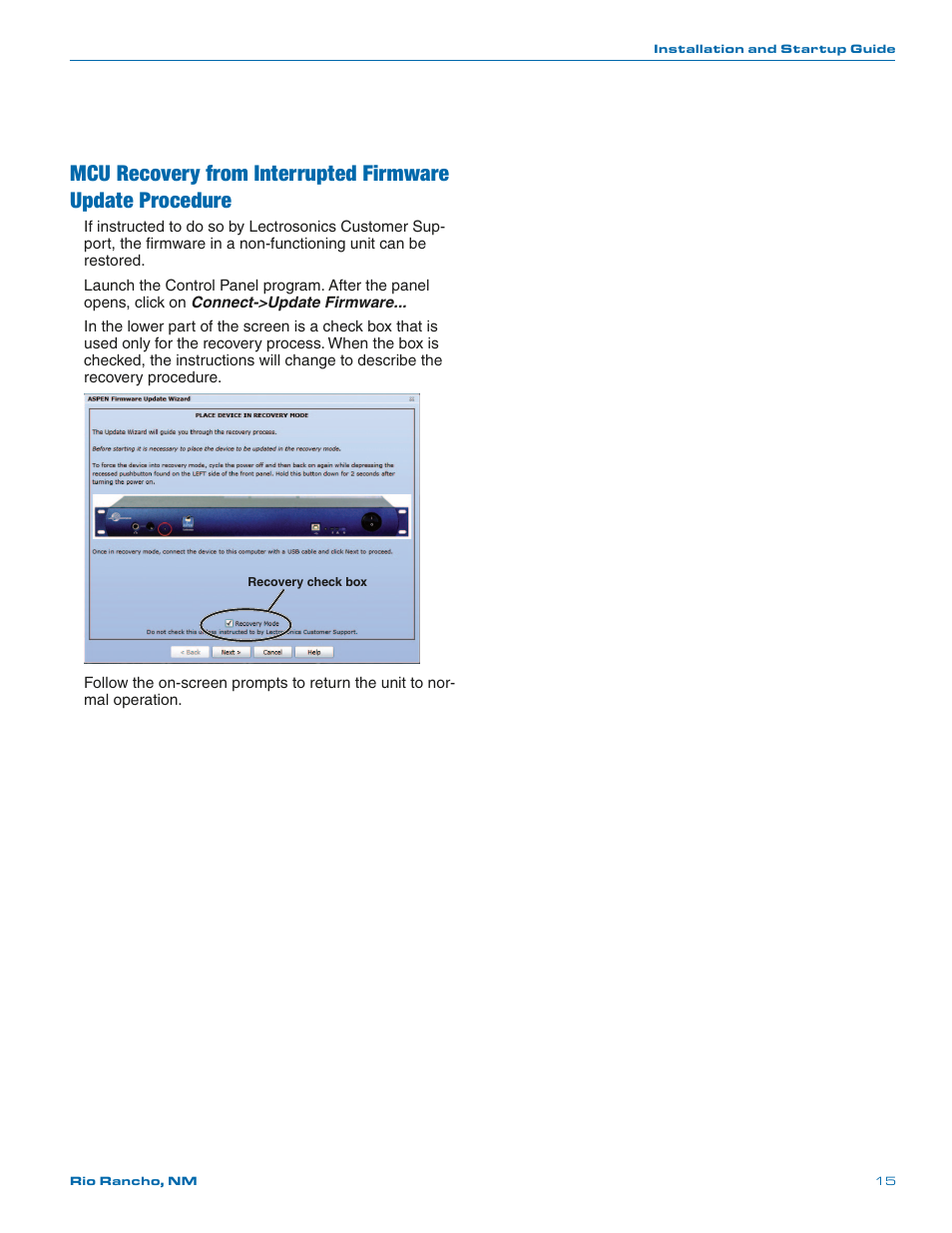 Mcu recovery from interrupted firmware update | Lectrosonics SPNCWB User Manual | Page 15 / 24
