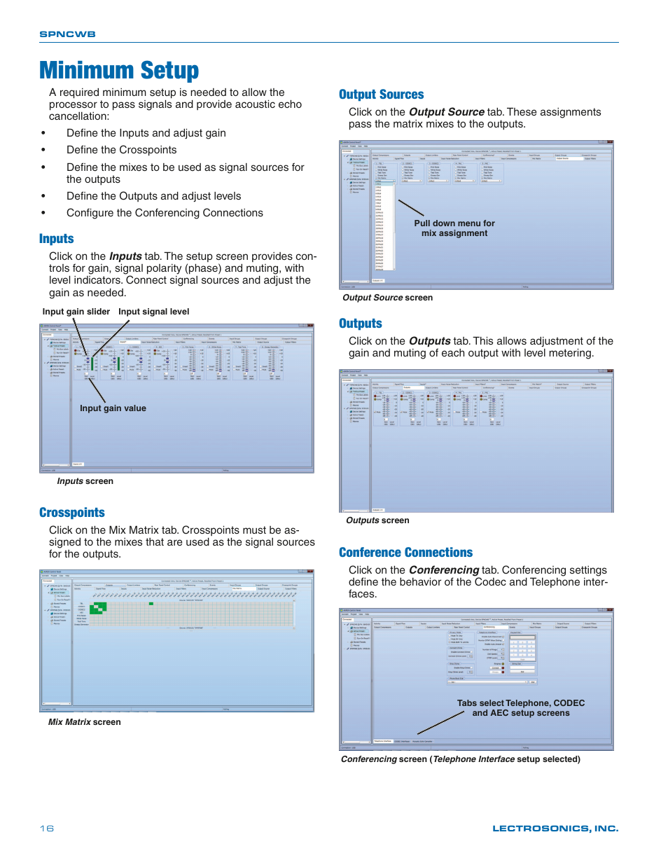 Minimum setup, Inputs, Crosspoints | Output sources, Outputs, Conference connections | Lectrosonics SPNCWB User Manual | Page 16 / 24