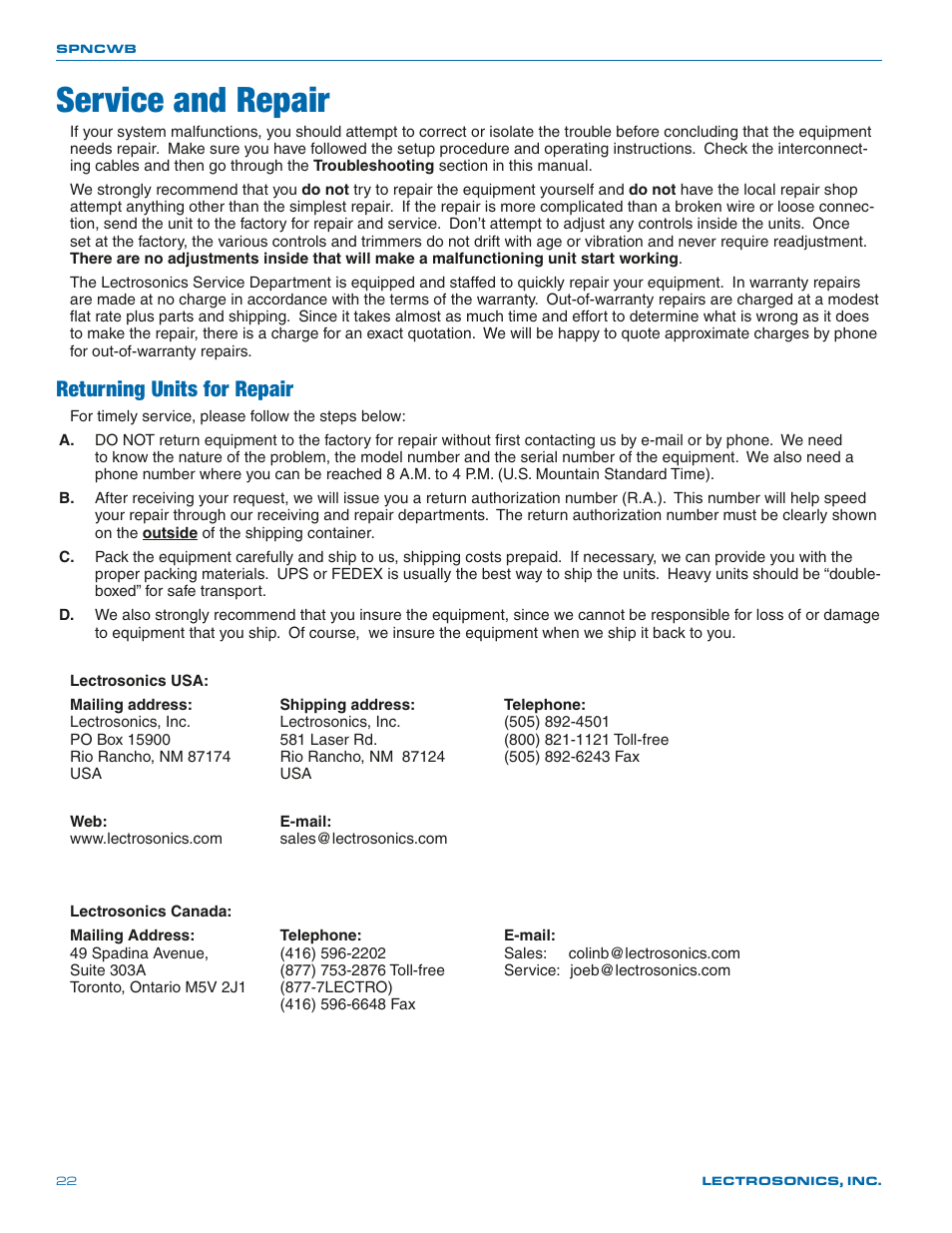 Service and repair, Returning units for repair | Lectrosonics SPNCWB User Manual | Page 22 / 24