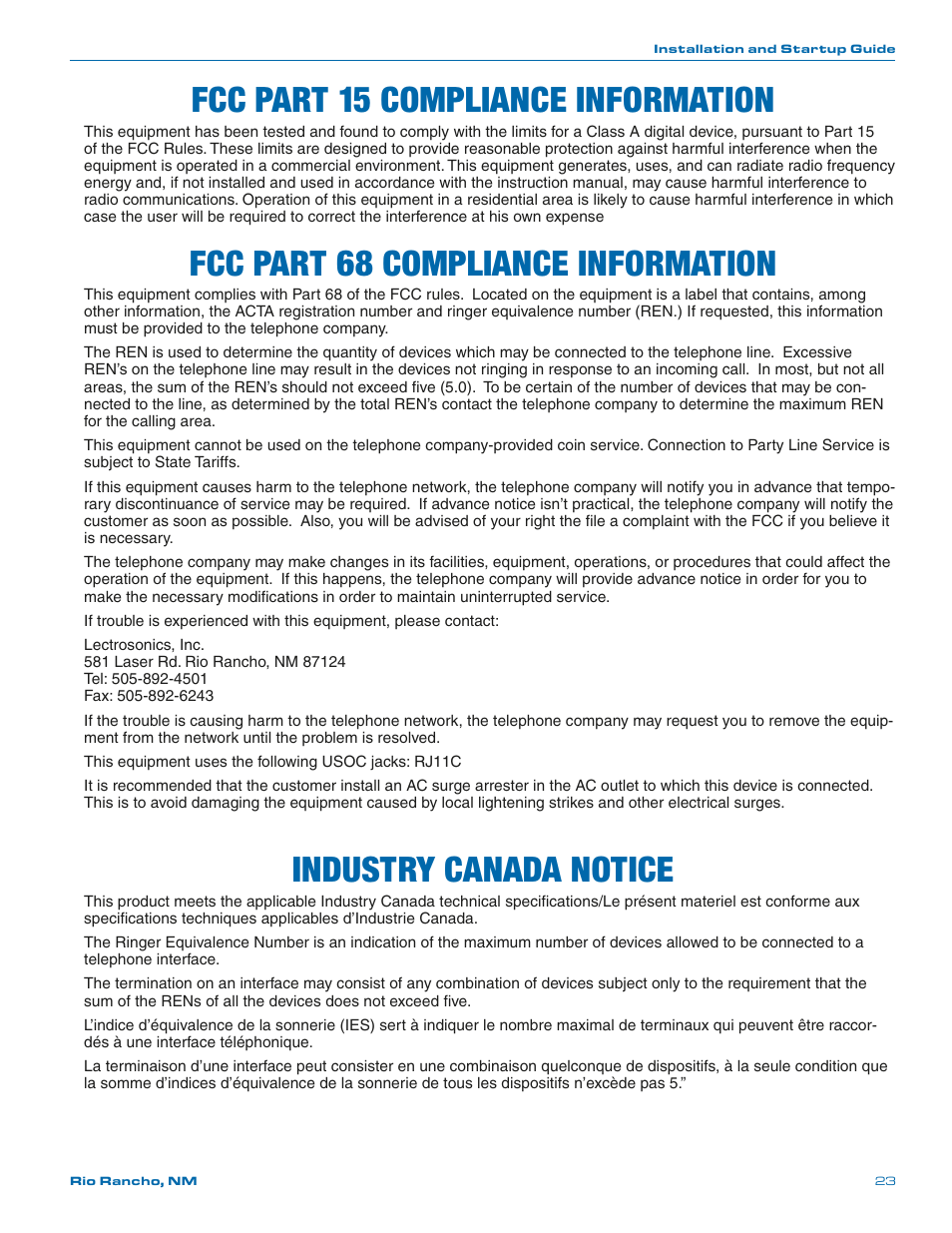 Fcc part 68 compliance information, Industry canada notice, Fcc part 15 compliance information | Lectrosonics SPNCWB User Manual | Page 23 / 24