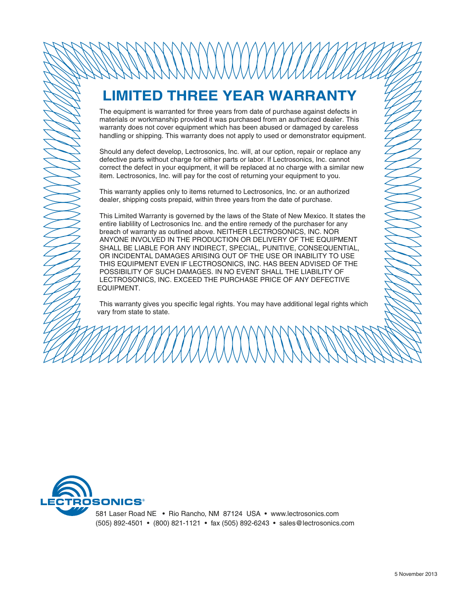 Limited three year warranty | Lectrosonics SPNCWB User Manual | Page 24 / 24