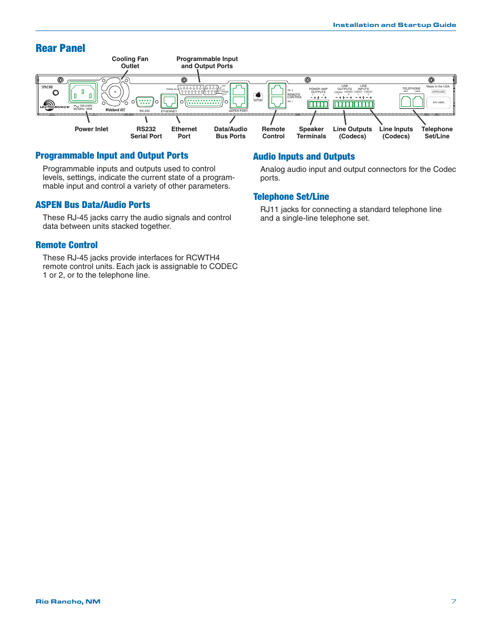 Rear panel, Programmable input and output ports, Aspen bus data/audio ports | Remote control, Audio inputs and outputs, Telephone set/line | Lectrosonics SPNCWB User Manual | Page 7 / 24
