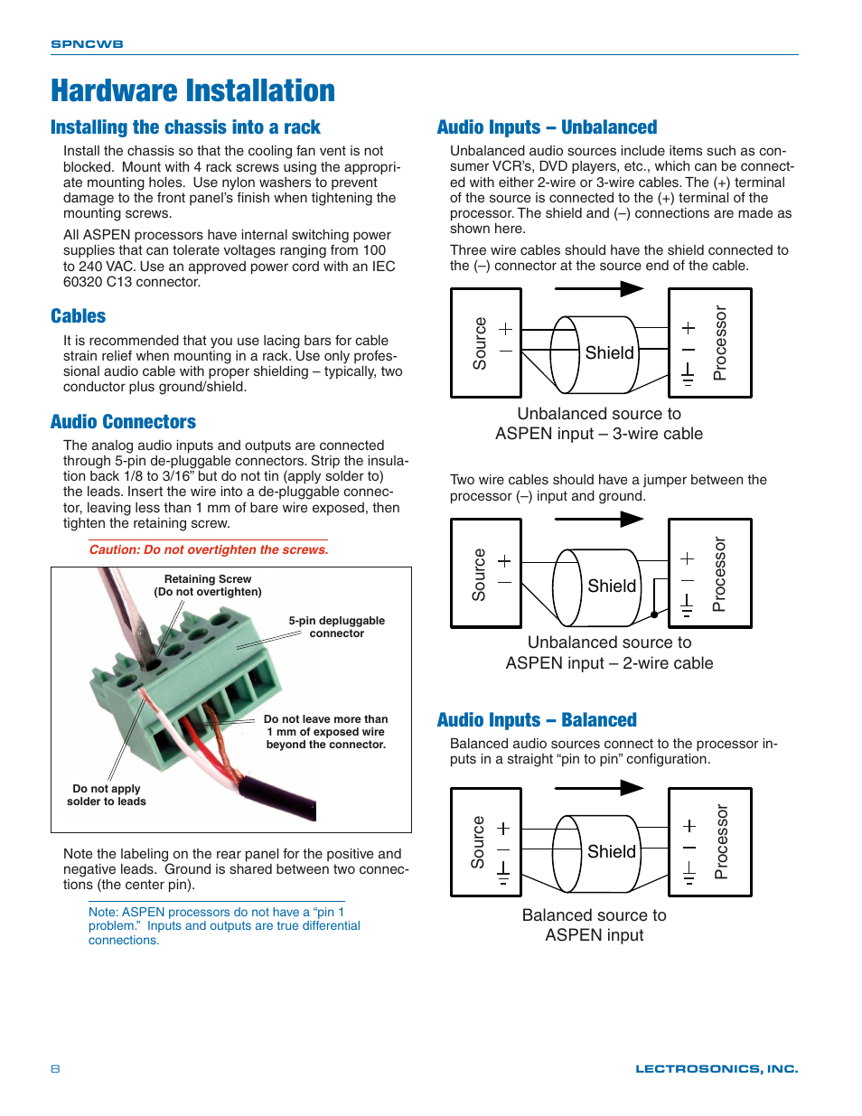 Hardware installation, Installing the chassis into a rack, Cables | Audio connectors, Audio inputs – unbalanced, Audio inputs – balanced | Lectrosonics SPNCWB User Manual | Page 8 / 24