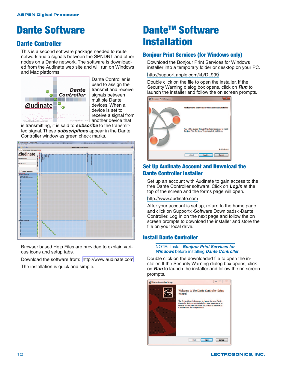 Dante software, Dante controller, Dante | Software installation | Lectrosonics SPNDNT User Manual | Page 10 / 28