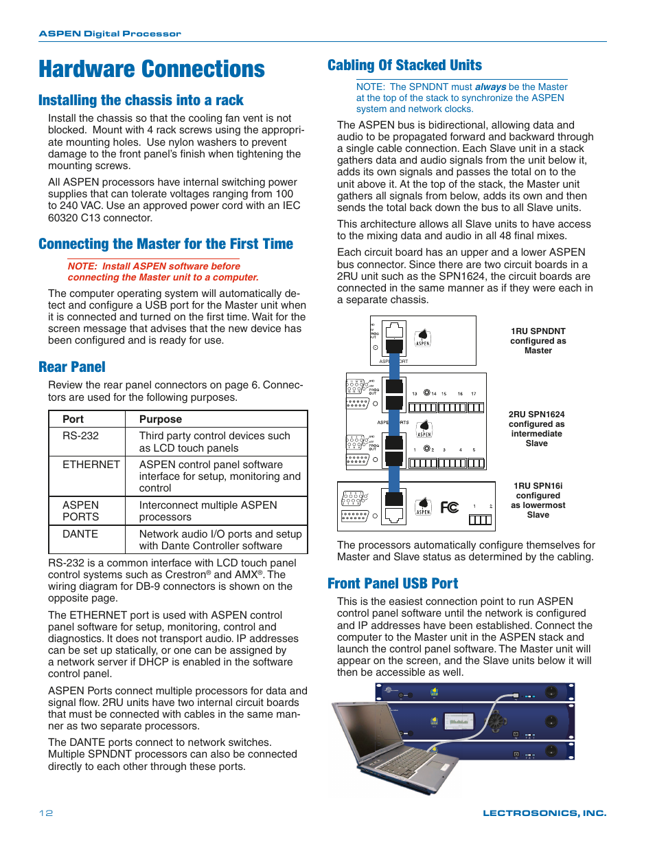 Hardware connections, Connecting the master for the first time, Rear panel | Cabling of stacked units, Front panel usb port, Installing the chassis into a rack | Lectrosonics SPNDNT User Manual | Page 12 / 28