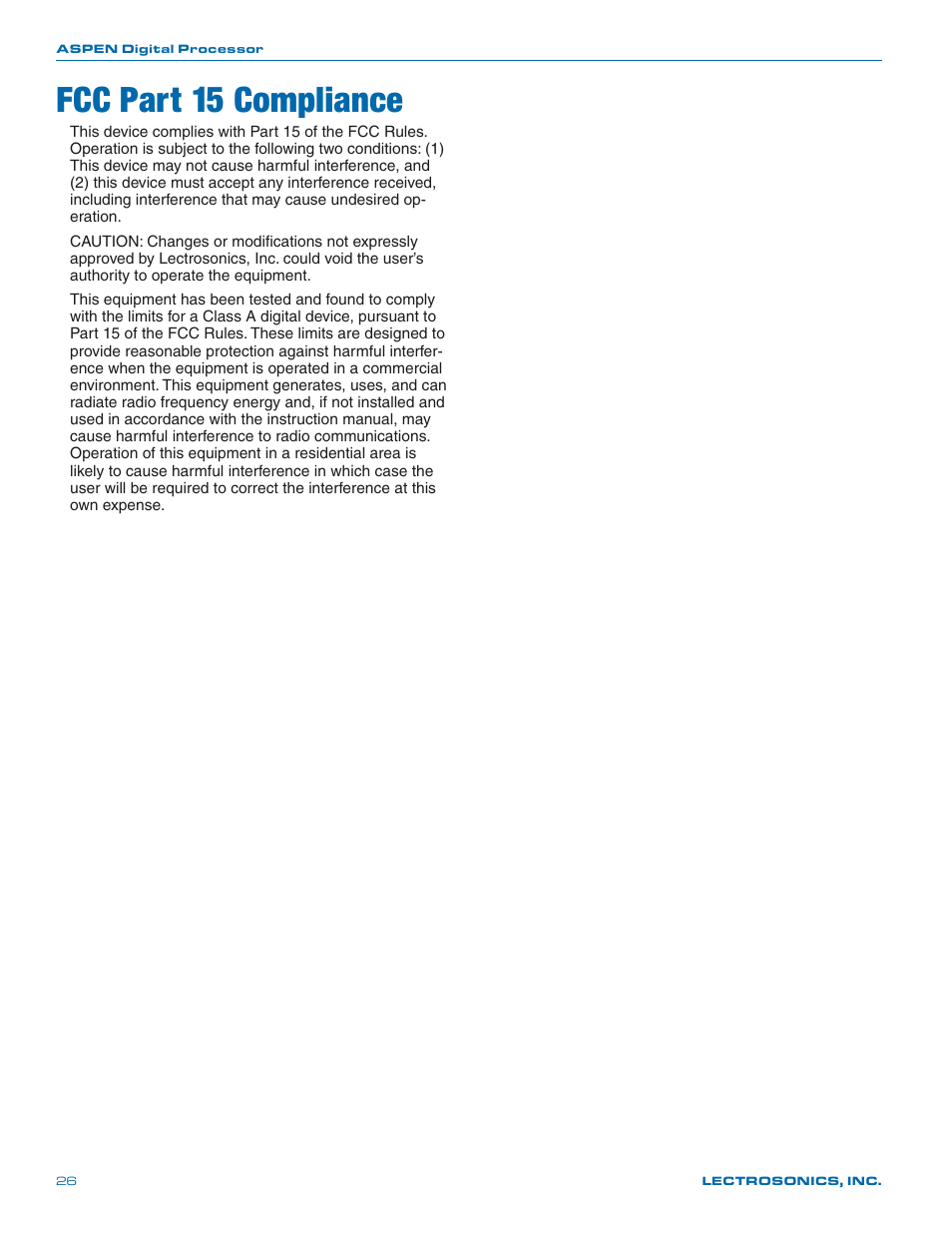 Fcc part 15 compliance | Lectrosonics SPNDNT User Manual | Page 26 / 28