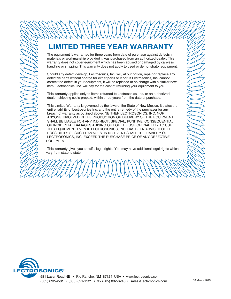 Limited three year warranty | Lectrosonics SPNDNT User Manual | Page 28 / 28