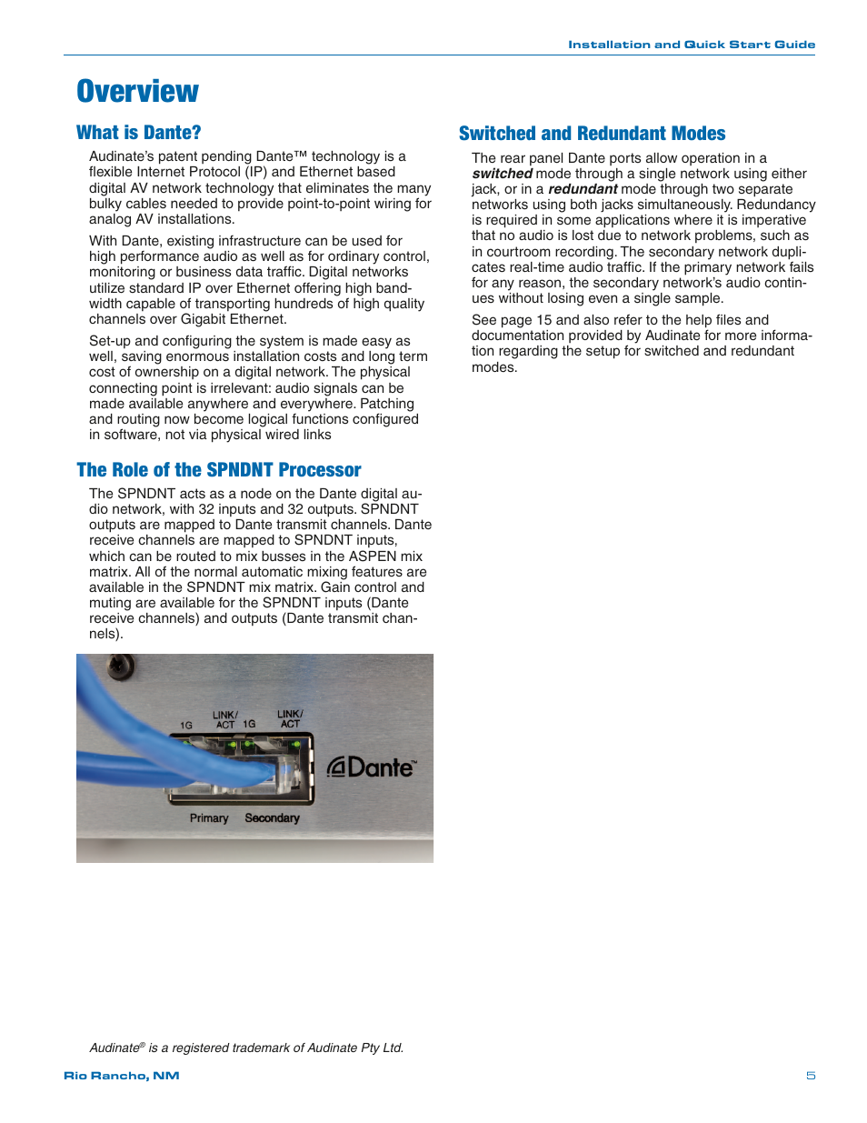Overview, What is dante, The role of the spndnt processor | Switched and redundant modes | Lectrosonics SPNDNT User Manual | Page 5 / 28