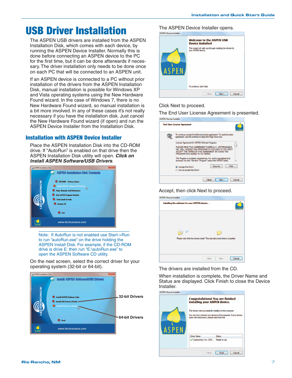 Usb driver installation, Installation with aspen device installer | Lectrosonics SPNDNT User Manual | Page 7 / 28