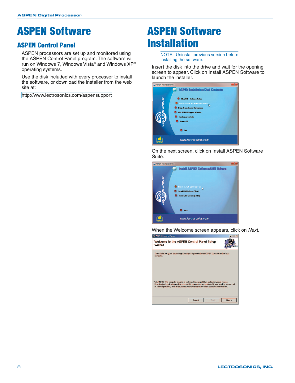 Aspen software, Aspen control panel, Aspen software installation | Lectrosonics SPNDNT User Manual | Page 8 / 28