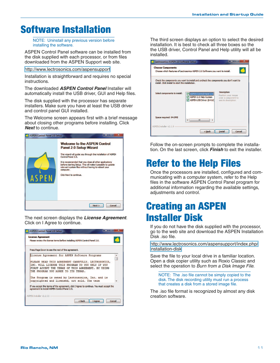 Software installation, Refer to the help files, Creating an aspen installer disk | Lectrosonics SPNTWB User Manual | Page 11 / 24