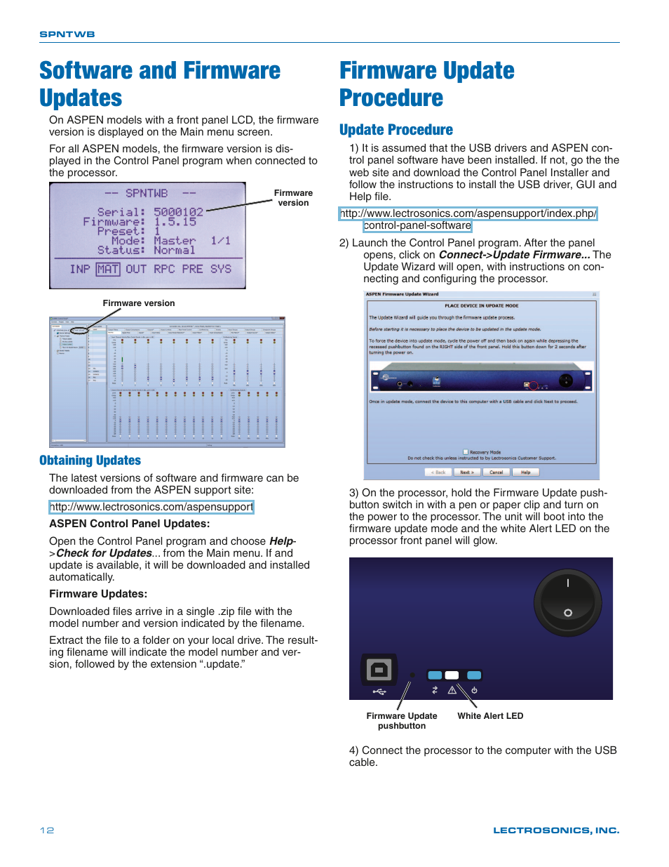 Software and firmware updates, Firmware update procedure, Update procedure | Obtaining updates | Lectrosonics SPNTWB User Manual | Page 12 / 24