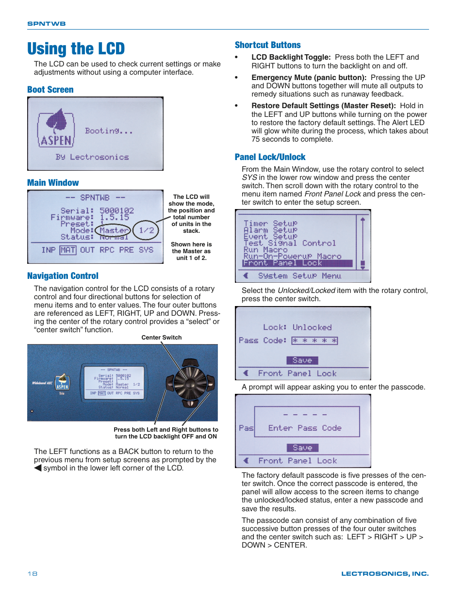 Using the lcd, Boot screen main window, Navigation control | Shortcut buttons, Panel lock/unlock | Lectrosonics SPNTWB User Manual | Page 18 / 24