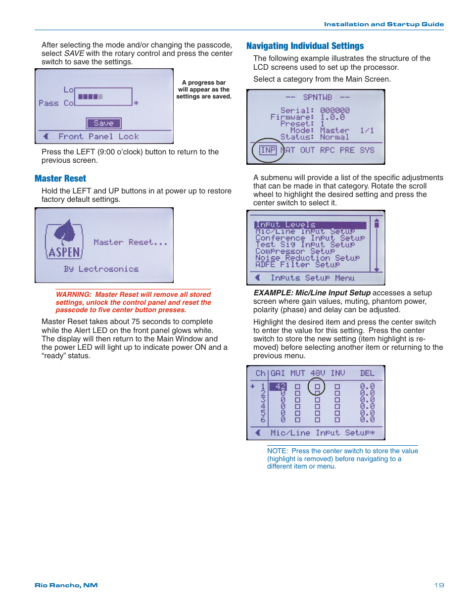 Master reset, Navigating individual settings | Lectrosonics SPNTWB User Manual | Page 19 / 24