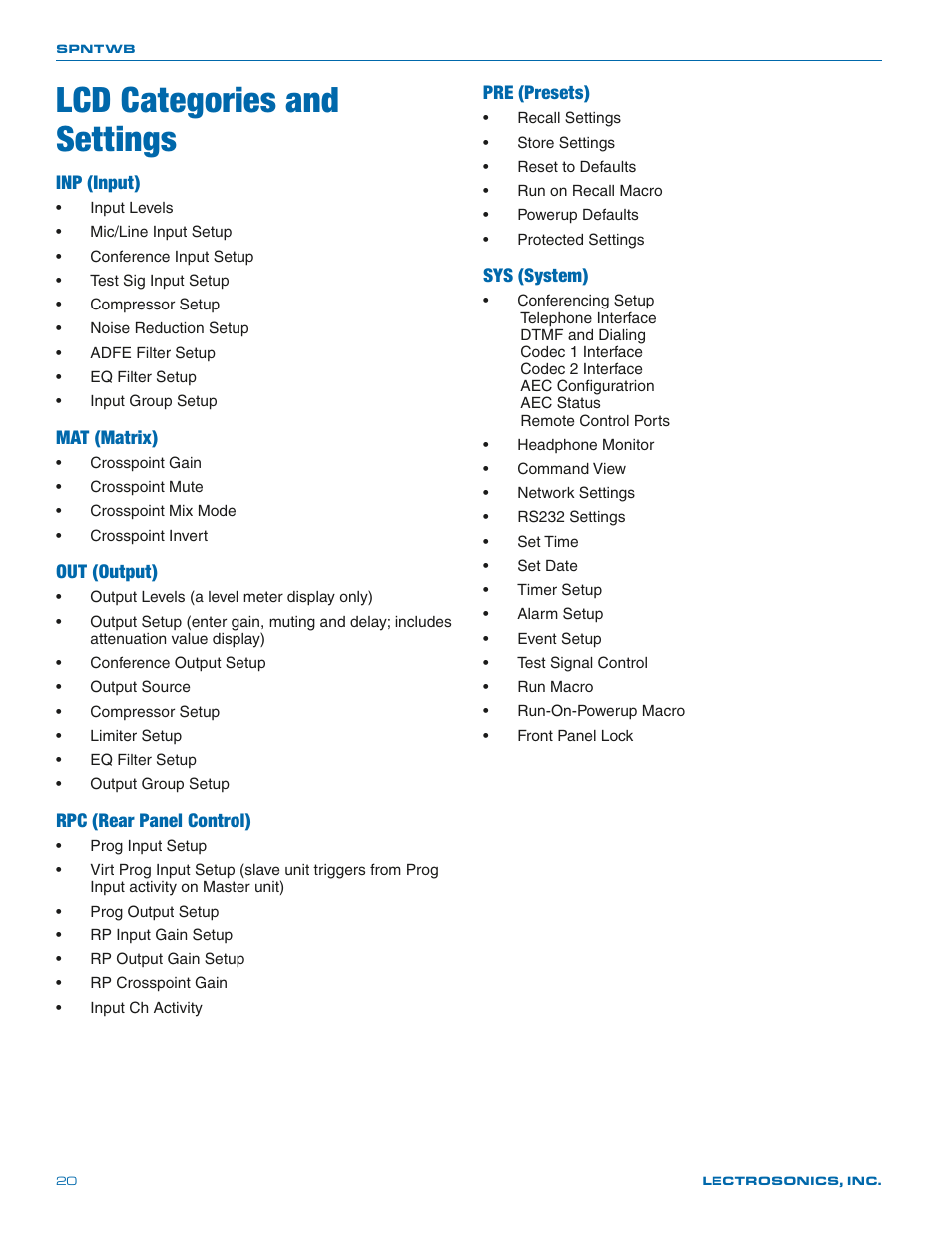 Lcd categories and settings, Inp (input), Mat (matrix) | Out (output), Rpc (rear panel control), Pre (presets), Sys (system) | Lectrosonics SPNTWB User Manual | Page 20 / 24