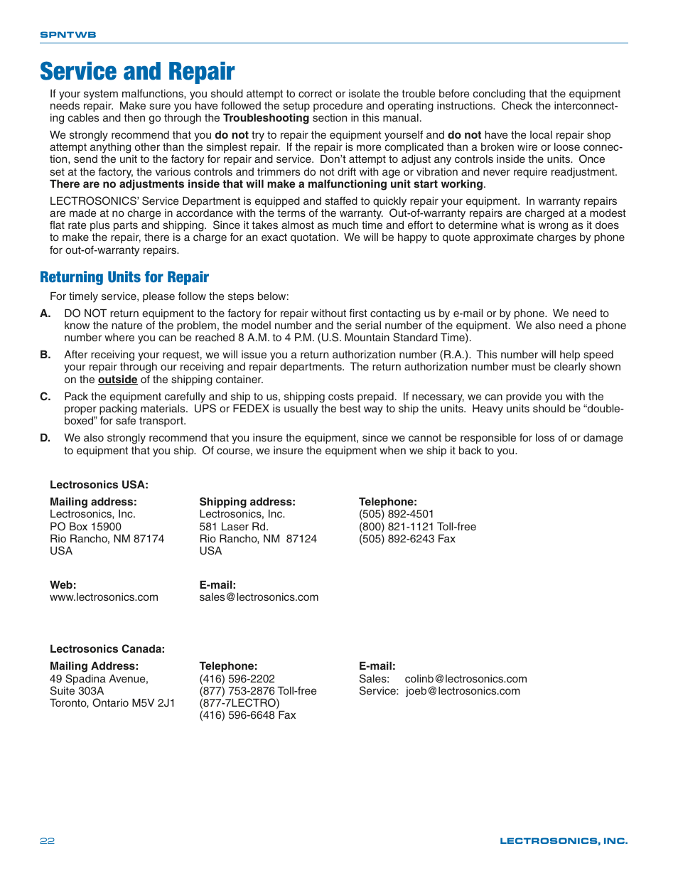 Service and repair, Returning units for repair | Lectrosonics SPNTWB User Manual | Page 22 / 24