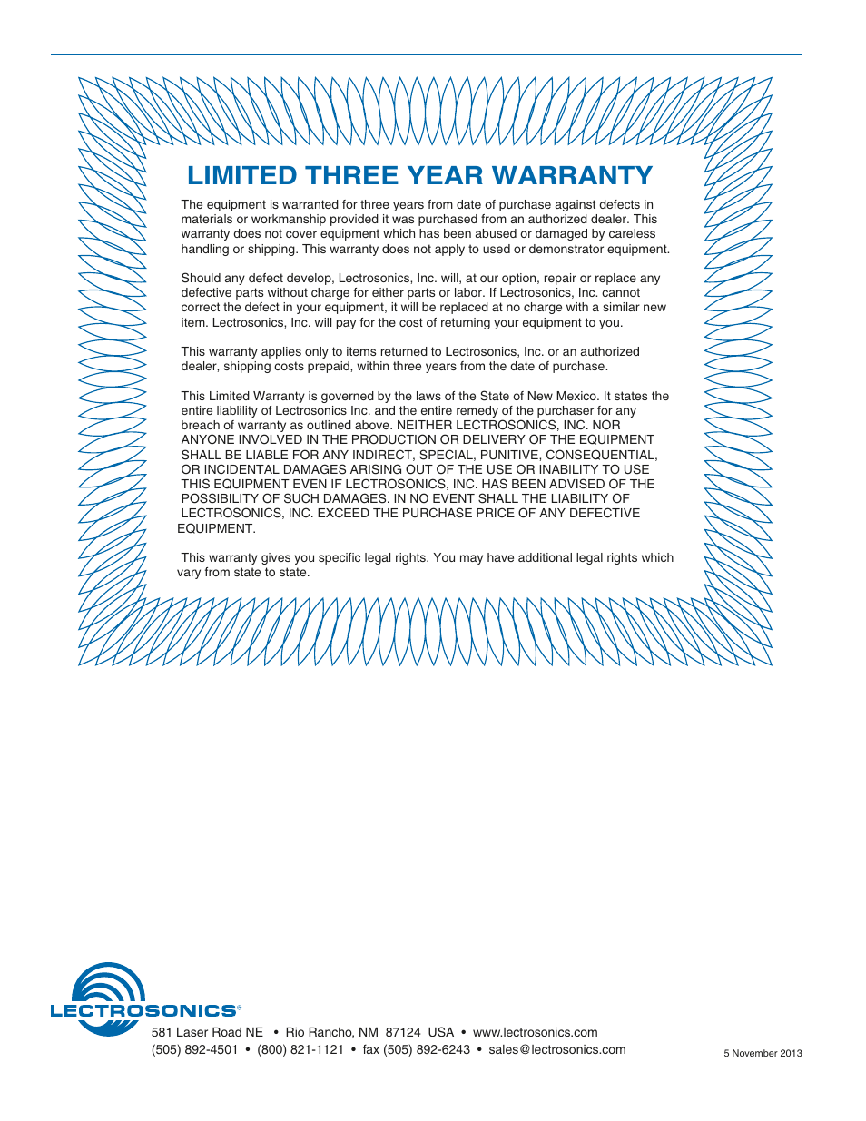 Limited three year warranty | Lectrosonics SPNTWB User Manual | Page 24 / 24