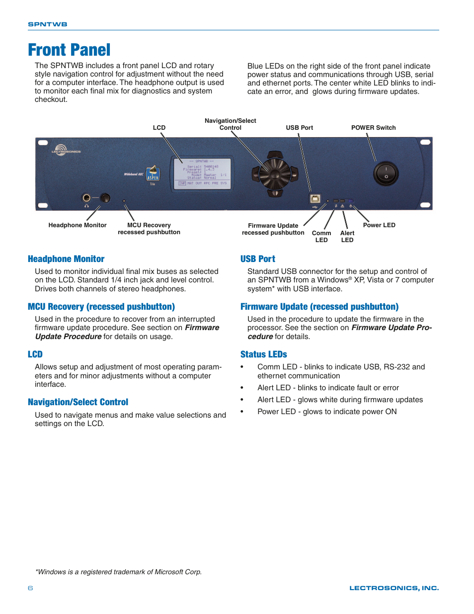 Front panel, Headphone monitor, Mcu recovery (recessed pushbutton) | Navigation/select control, Usb port, Firmware update (recessed pushbutton), Status leds | Lectrosonics SPNTWB User Manual | Page 6 / 24