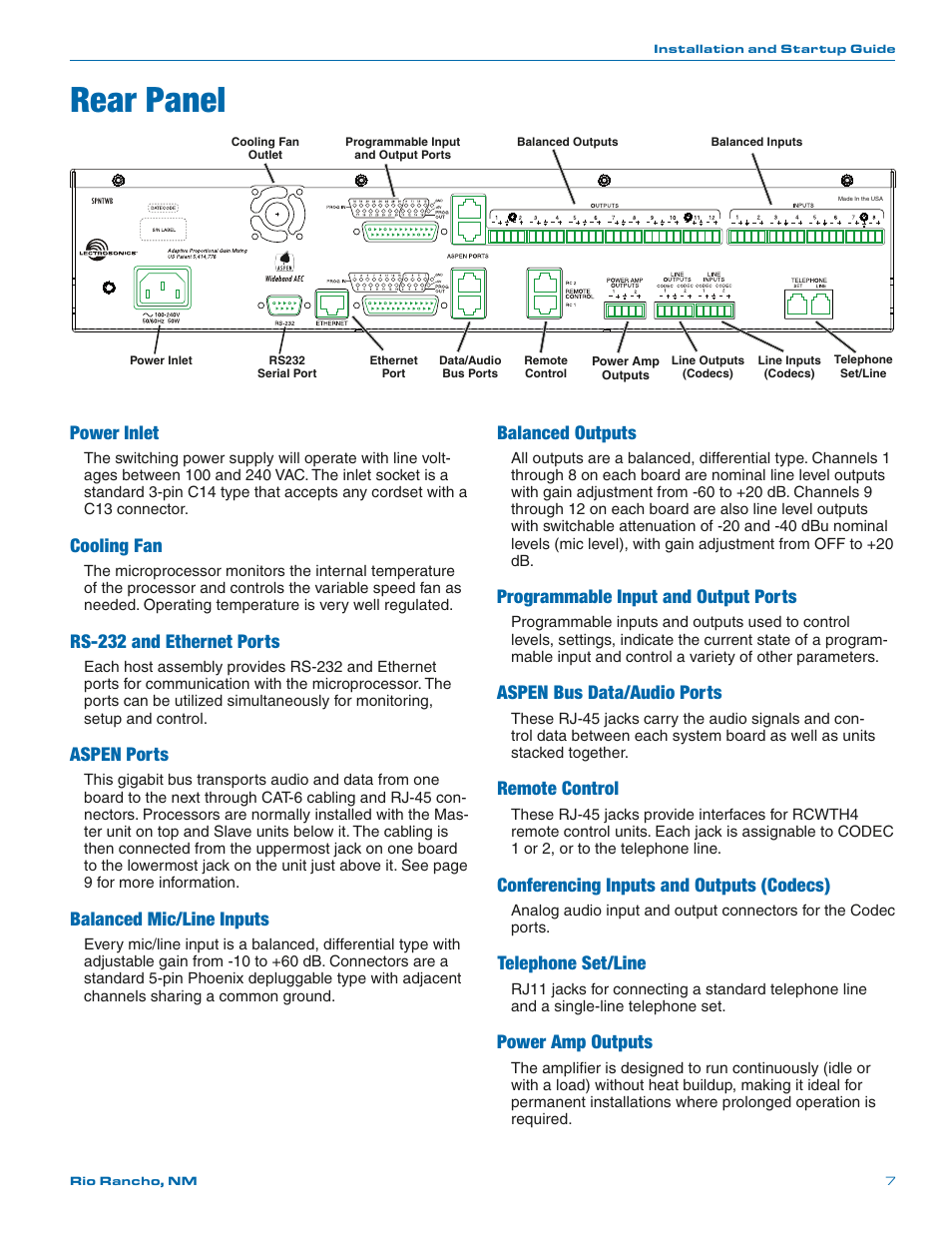 Rear panel, Power inlet, Cooling fan | Rs-232 and ethernet ports, Aspen ports, Balanced mic/line inputs, Balanced outputs, Programmable input and output ports, Aspen bus data/audio ports, Remote control | Lectrosonics SPNTWB User Manual | Page 7 / 24