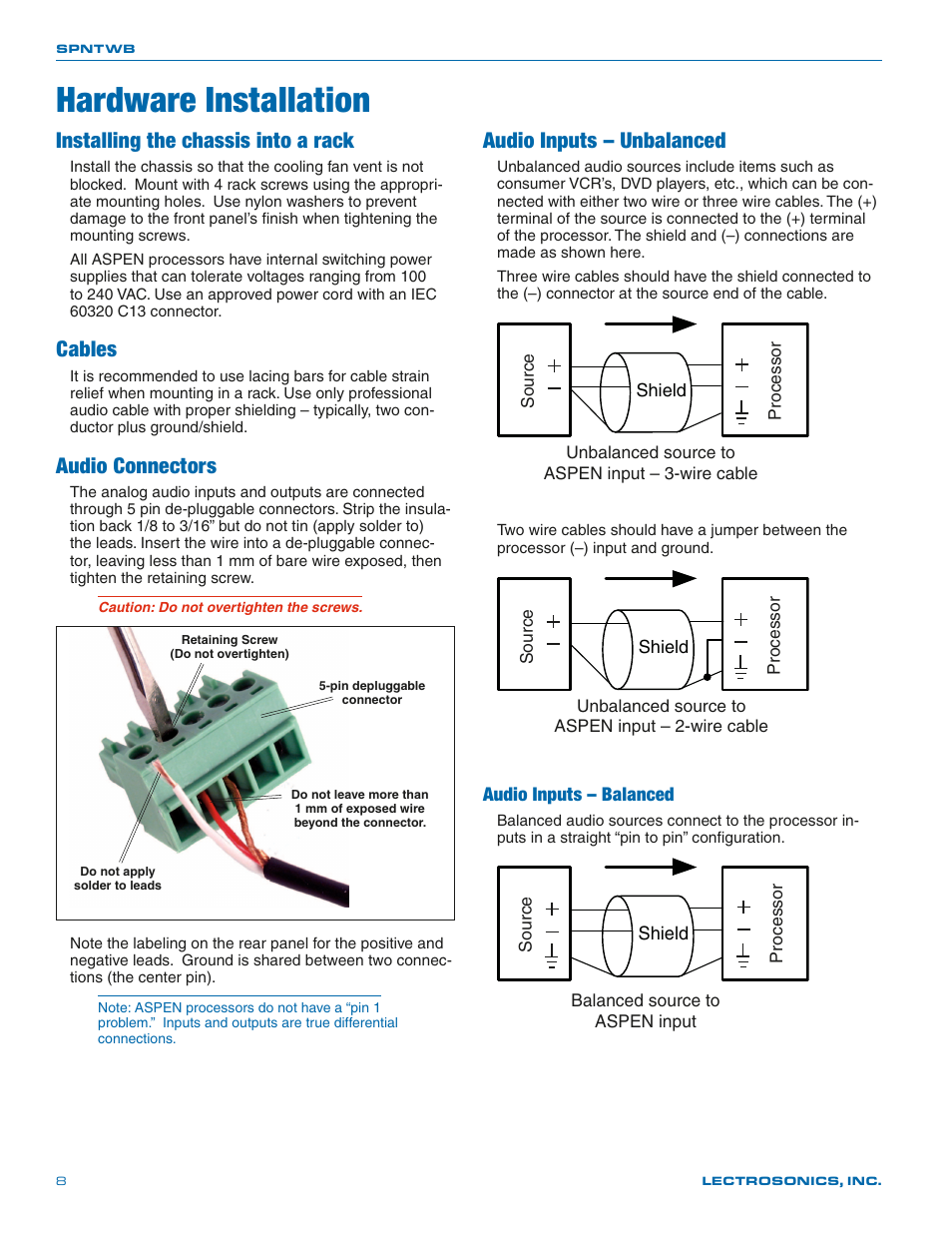 Hardware installation, Installing the chassis into a rack, Cables | Audio connectors, Audio inputs – unbalanced, Audio inputs – balanced | Lectrosonics SPNTWB User Manual | Page 8 / 24