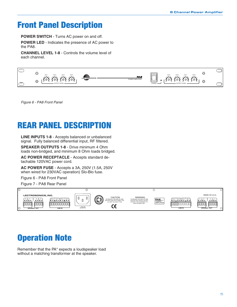Front panel description, Rear panel description, Figure 6 - pa8 front panel | 8 channel power amplifier 5 | Lectrosonics PA8 User Manual | Page 5 / 8