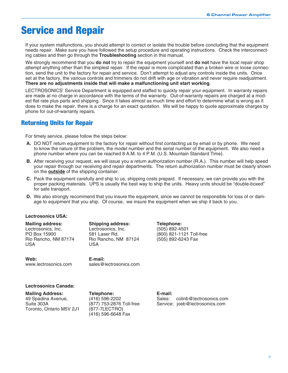 Service and repair, Returning units for repair | Lectrosonics PA8 User Manual | Page 7 / 8