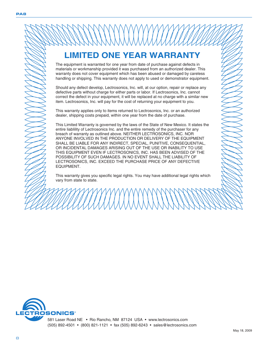 Limited one year warranty | Lectrosonics PA8 User Manual | Page 8 / 8