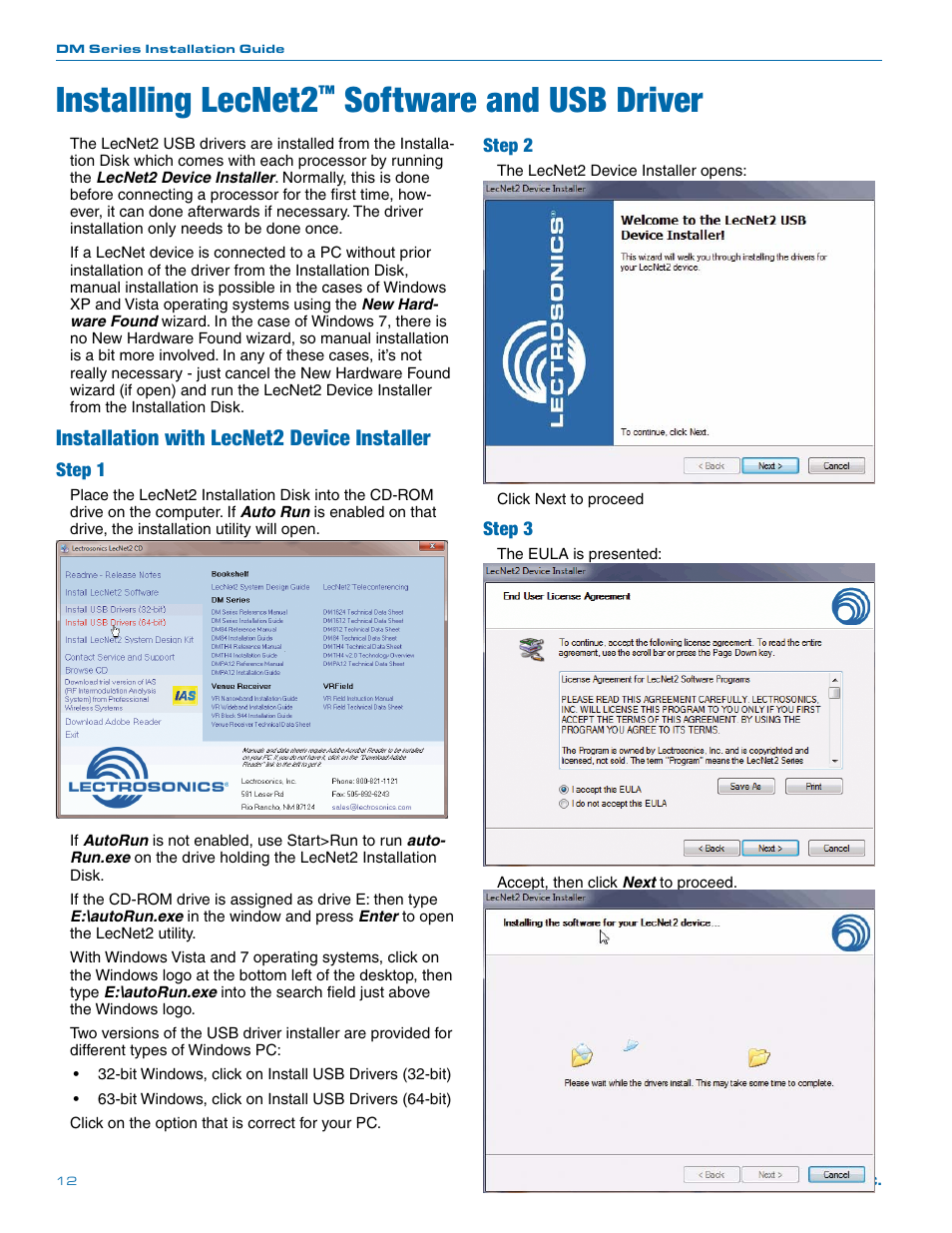 Installing lecnet2, Software and usb driver, Installation with lecnet2 device installer | Step 1, Step 2, Step 3 | Lectrosonics DM812 User Manual | Page 12 / 16