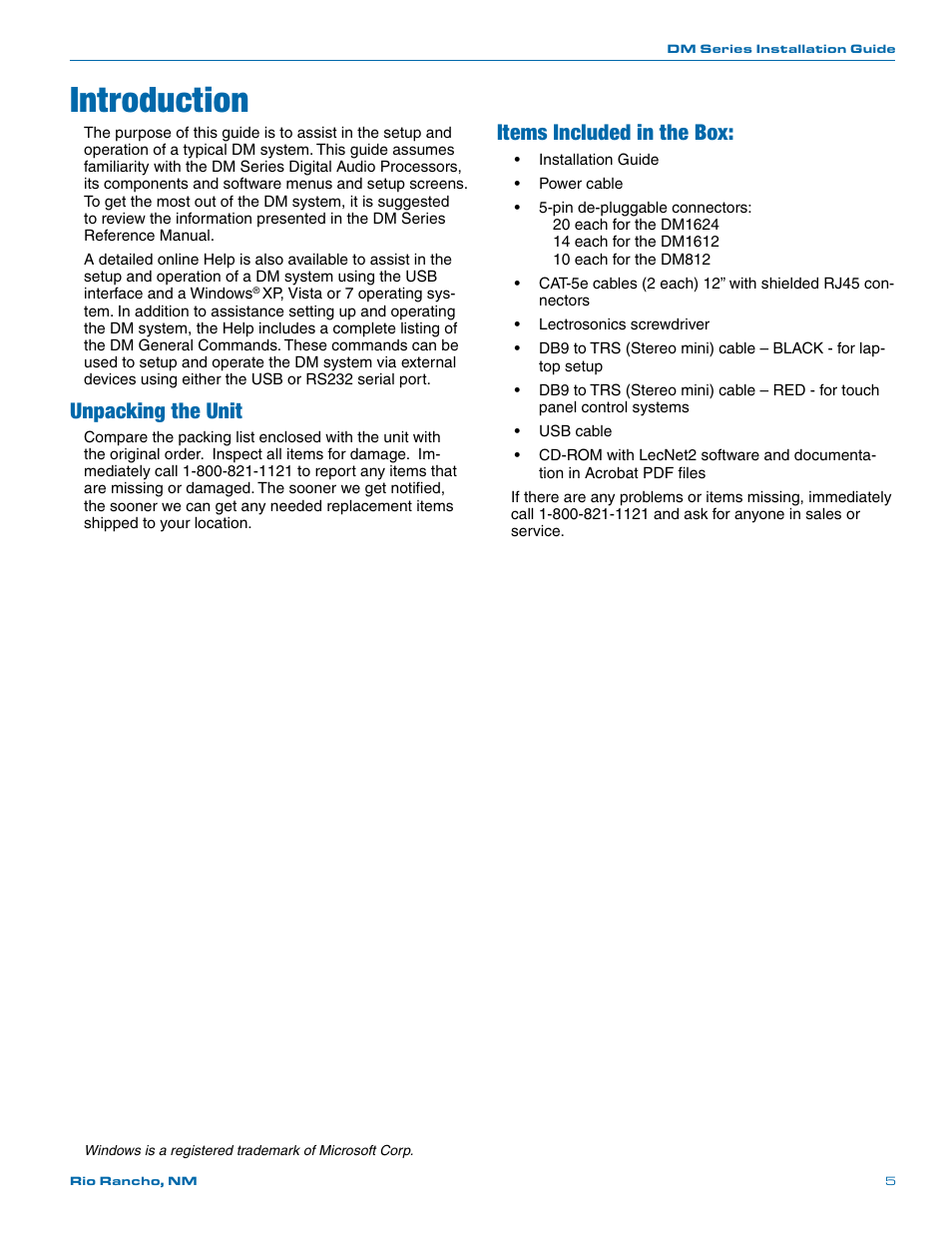 Introduction, Unpacking the unit, Items included in the box | Lectrosonics DM812 User Manual | Page 5 / 16