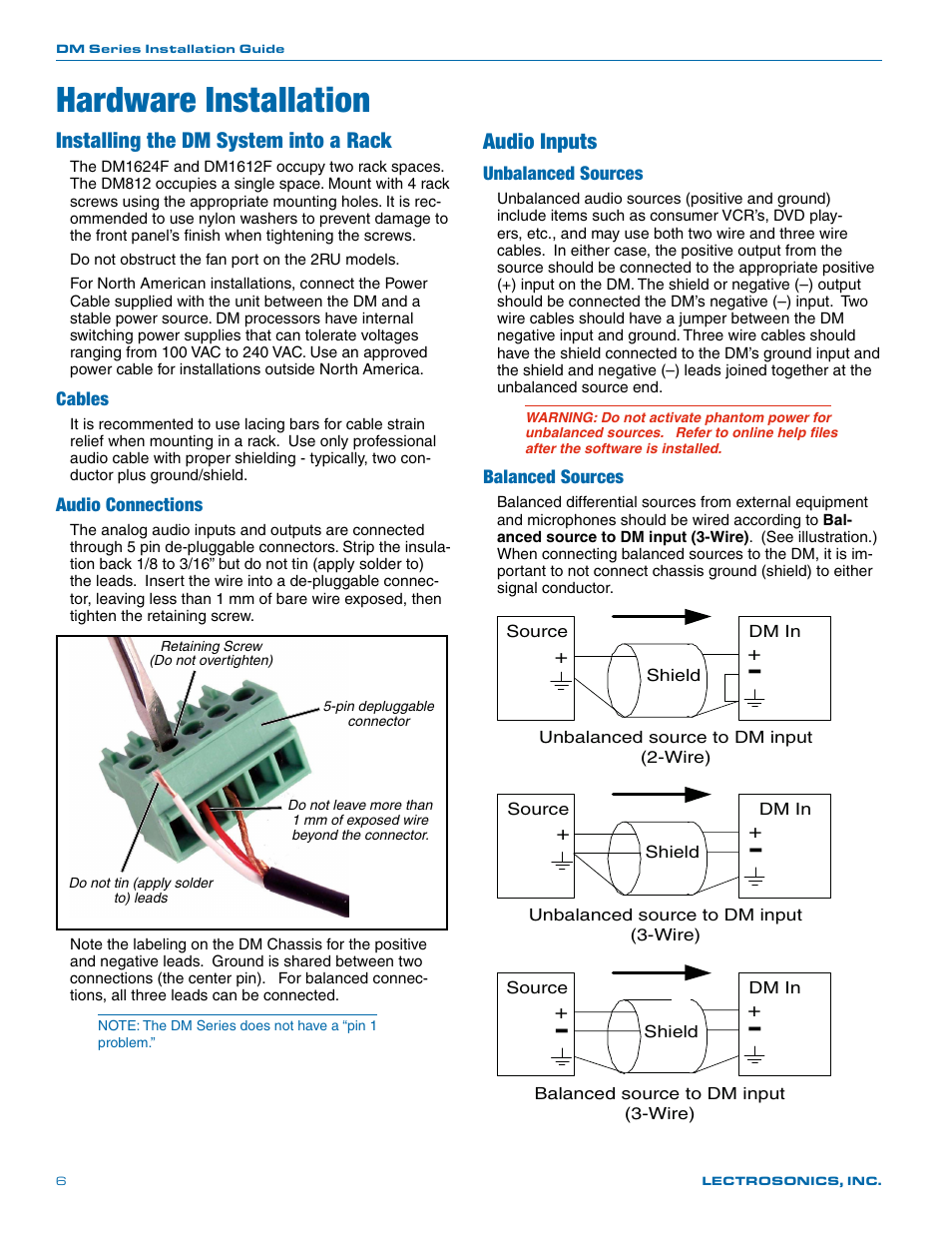 Hardware installation, Installing the dm system into a rack, Audio inputs | Lectrosonics DM812 User Manual | Page 6 / 16