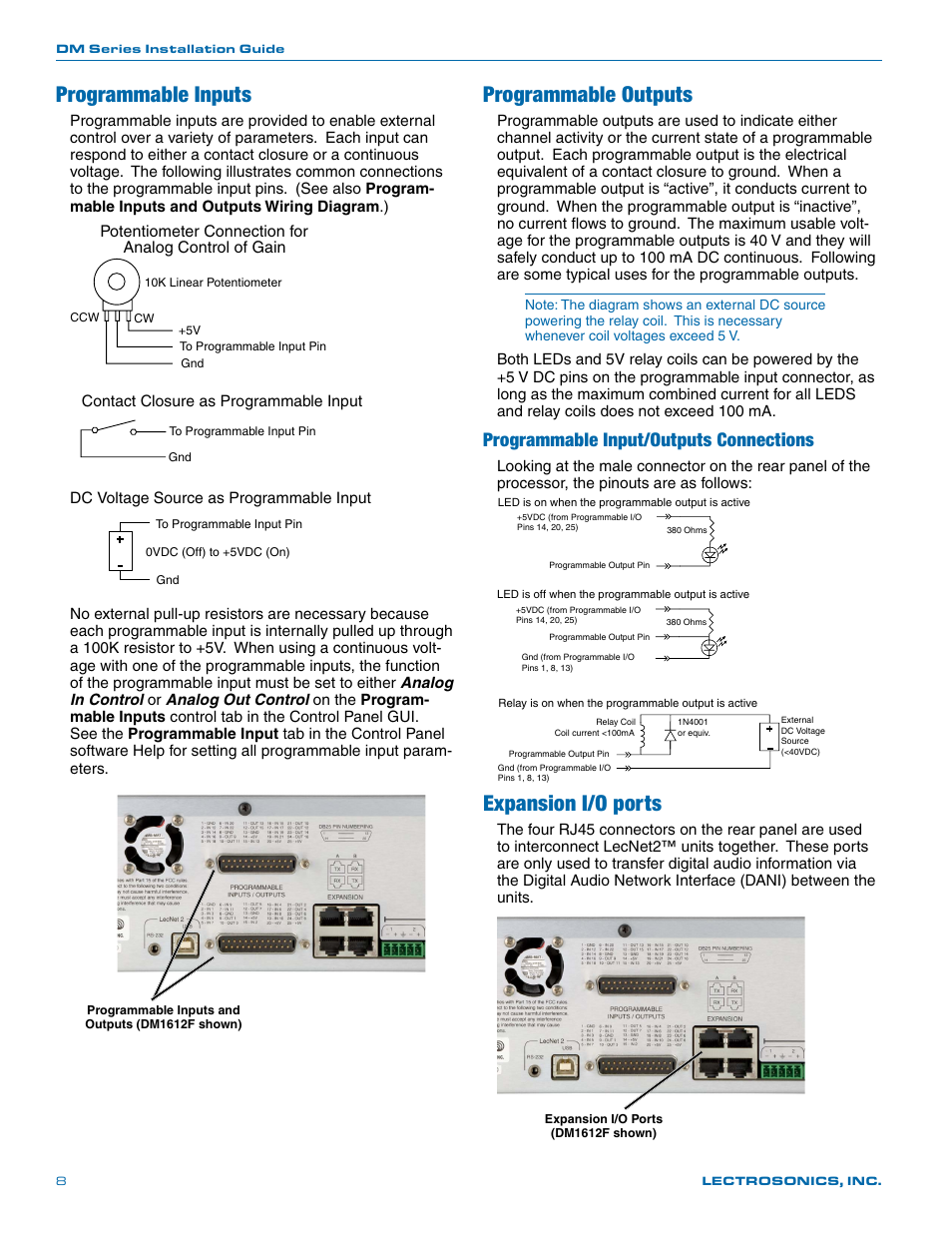 Programmable inputs, Programmable outputs, Expansion i/o ports | Programmable input/outputs connections | Lectrosonics DM812 User Manual | Page 8 / 16