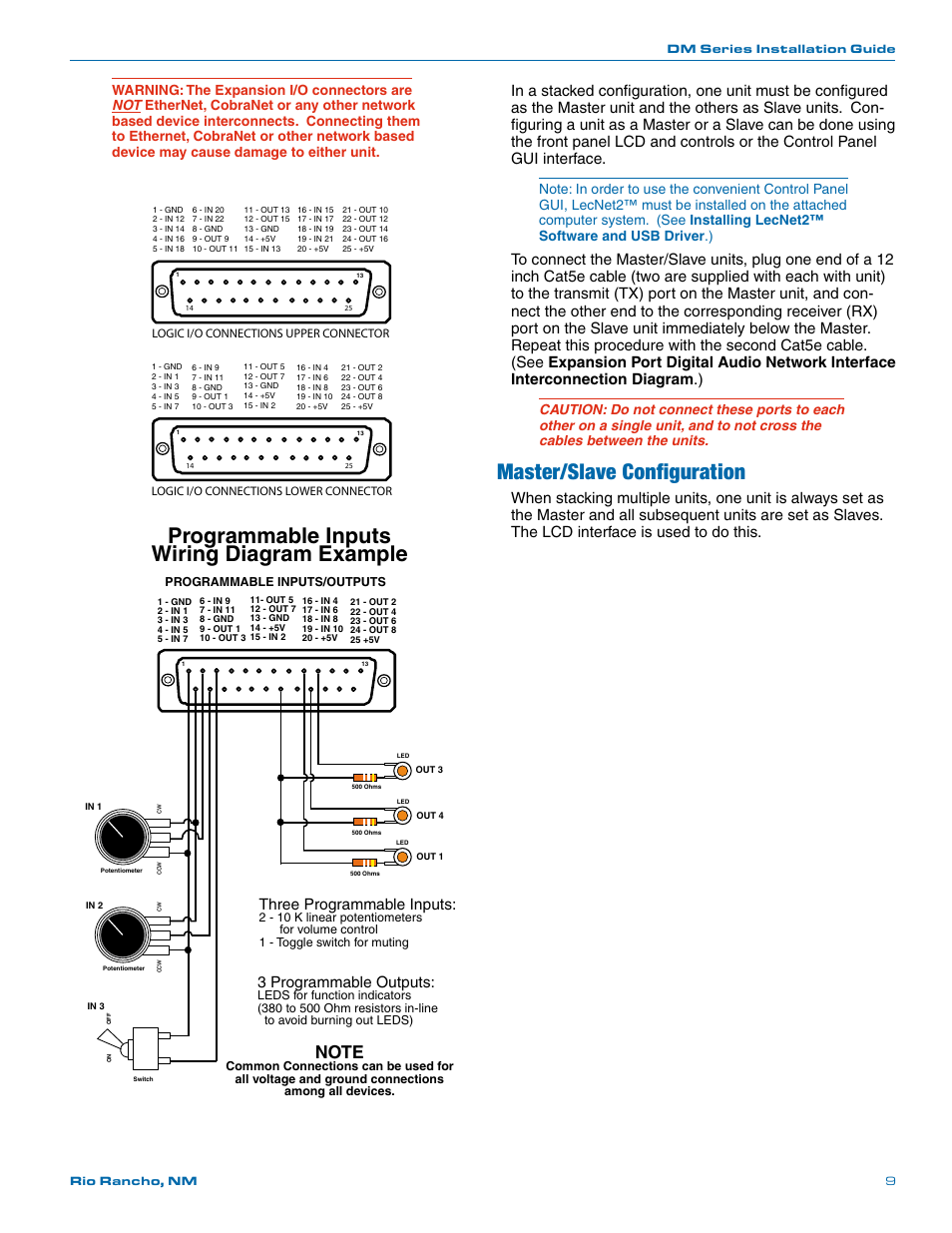 Master/slave configuration, Programmable inputs wiring diagram example, Three programmable inputs | 3 programmable outputs | Lectrosonics DM812 User Manual | Page 9 / 16