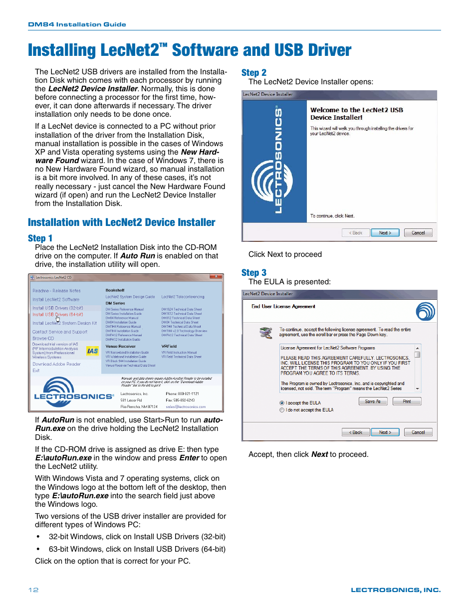 Installing lecnet2, Software and usb driver, Installation with lecnet2 device installer | Step 1, Step 2, Step 3 | Lectrosonics DM84 User Manual | Page 12 / 16