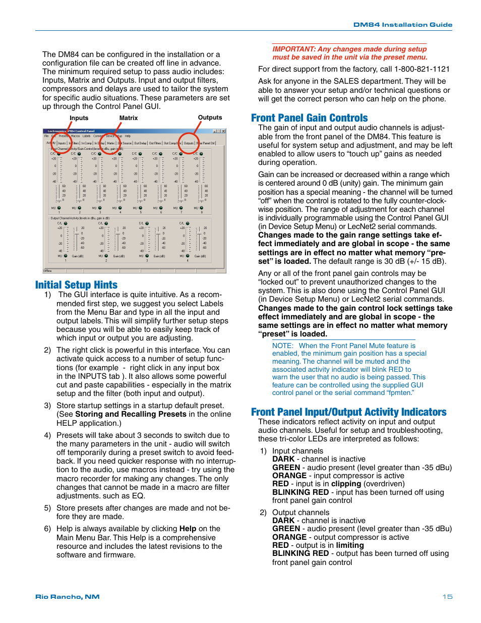 Initial setup hints, Front panel gain controls, Front panel input/output activity indicators | Lectrosonics DM84 User Manual | Page 15 / 16