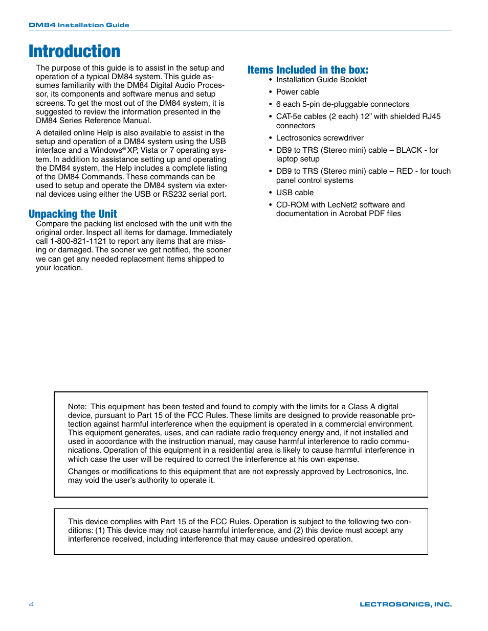 Introduction, Unpacking the unit, Items included in the box | Lectrosonics DM84 User Manual | Page 4 / 16